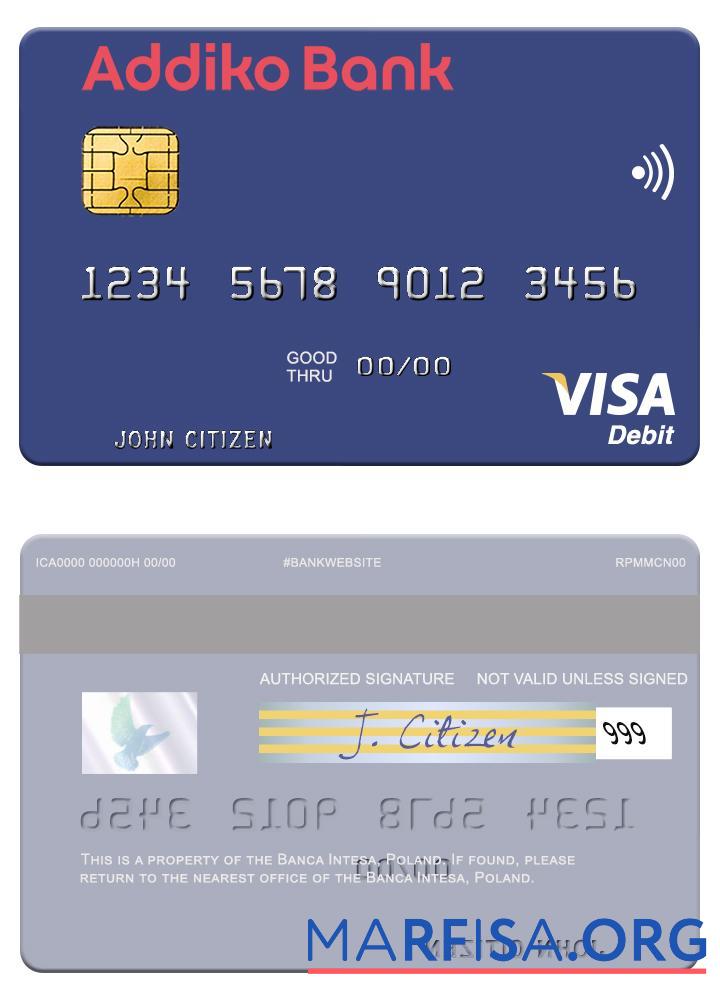 Realistic Slovenia Addiko Bank visa debit card template